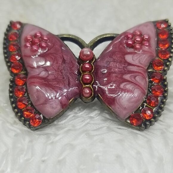 Vintage Butterfly Pink Swirl Pearl red Crystal Pin - Picture 2 of 10